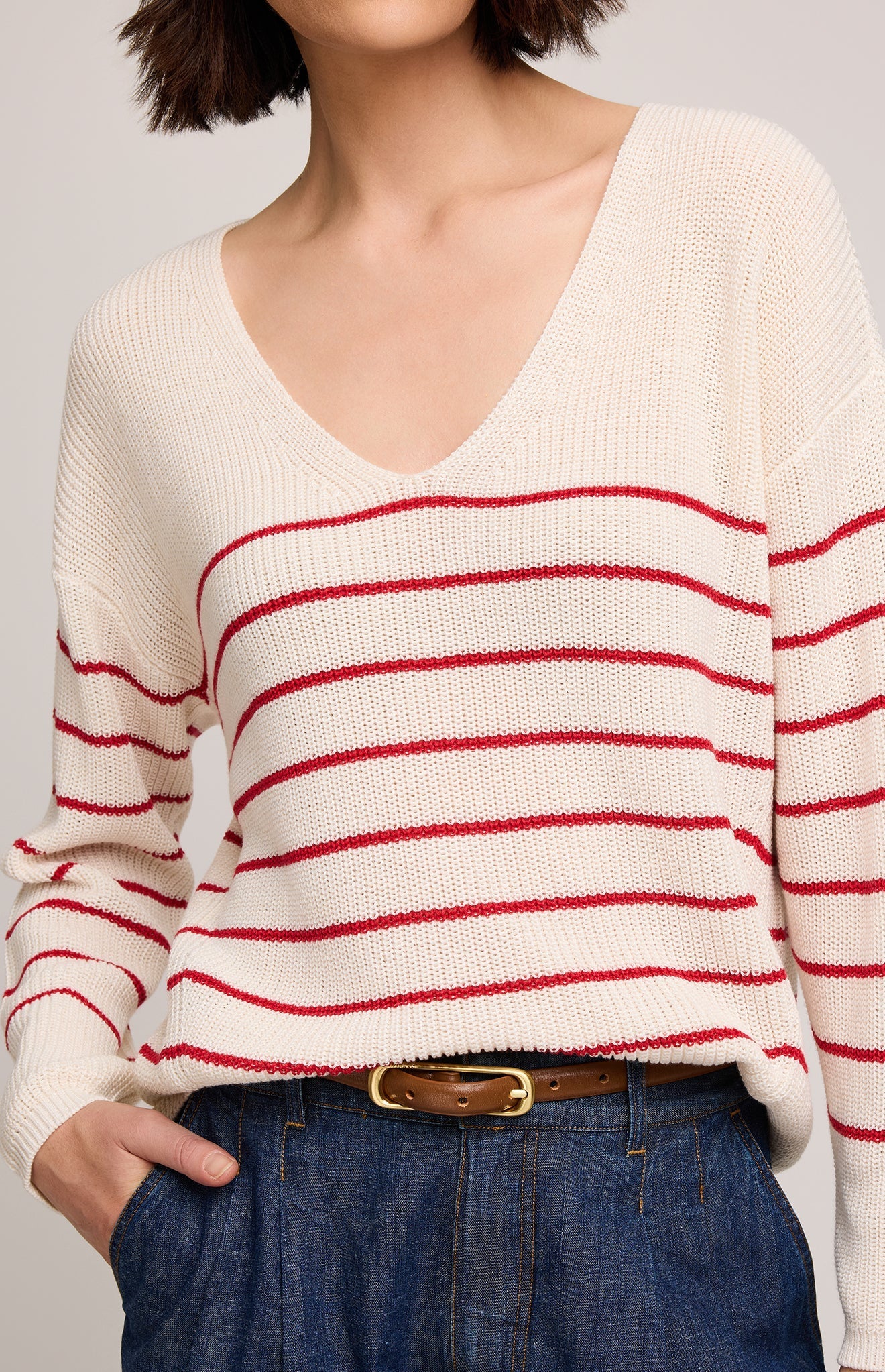 Tucker Knit Sweater- Red/Cream Stripe
