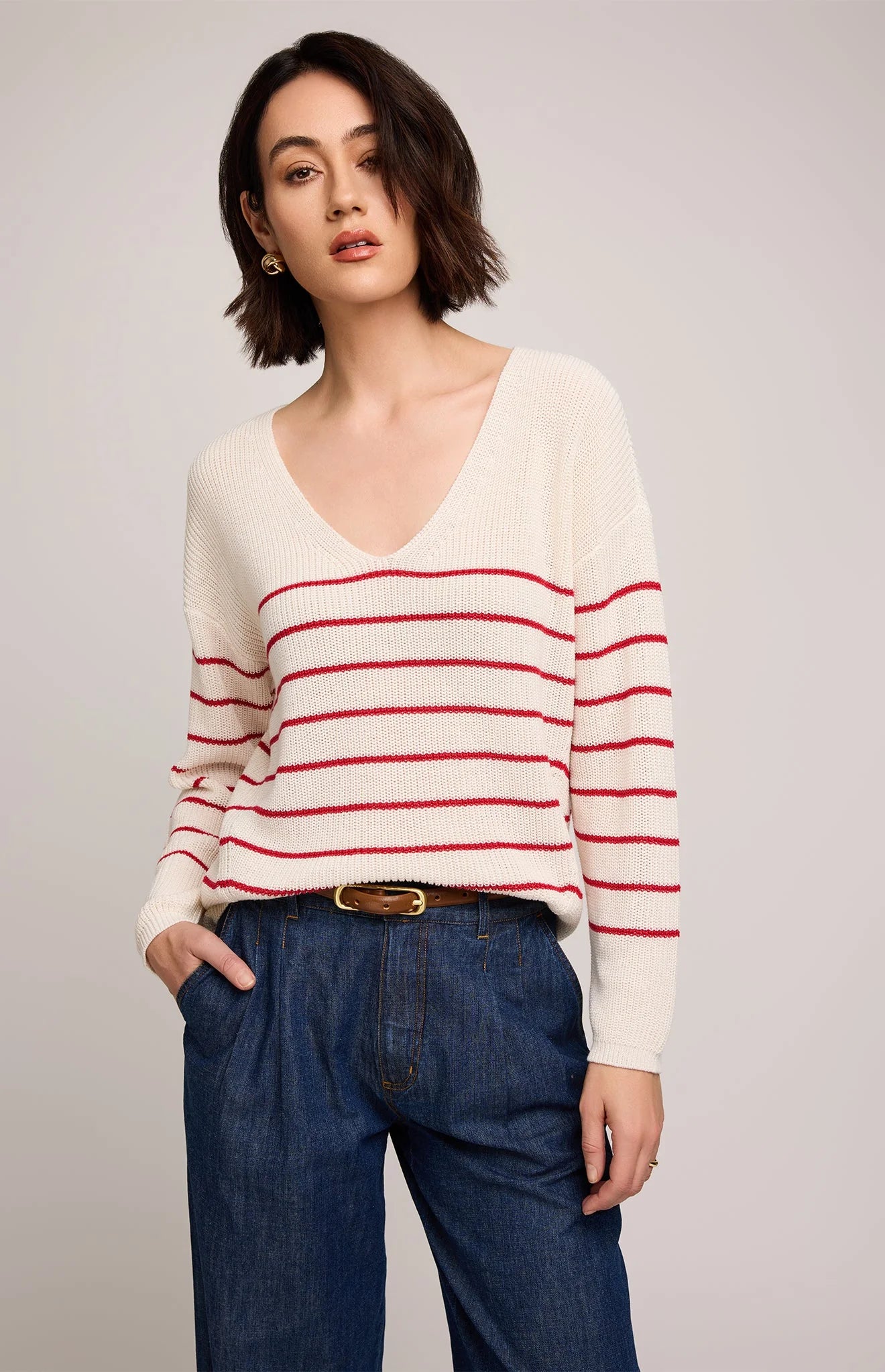 Tucker Knit Sweater- Red/Cream Stripe