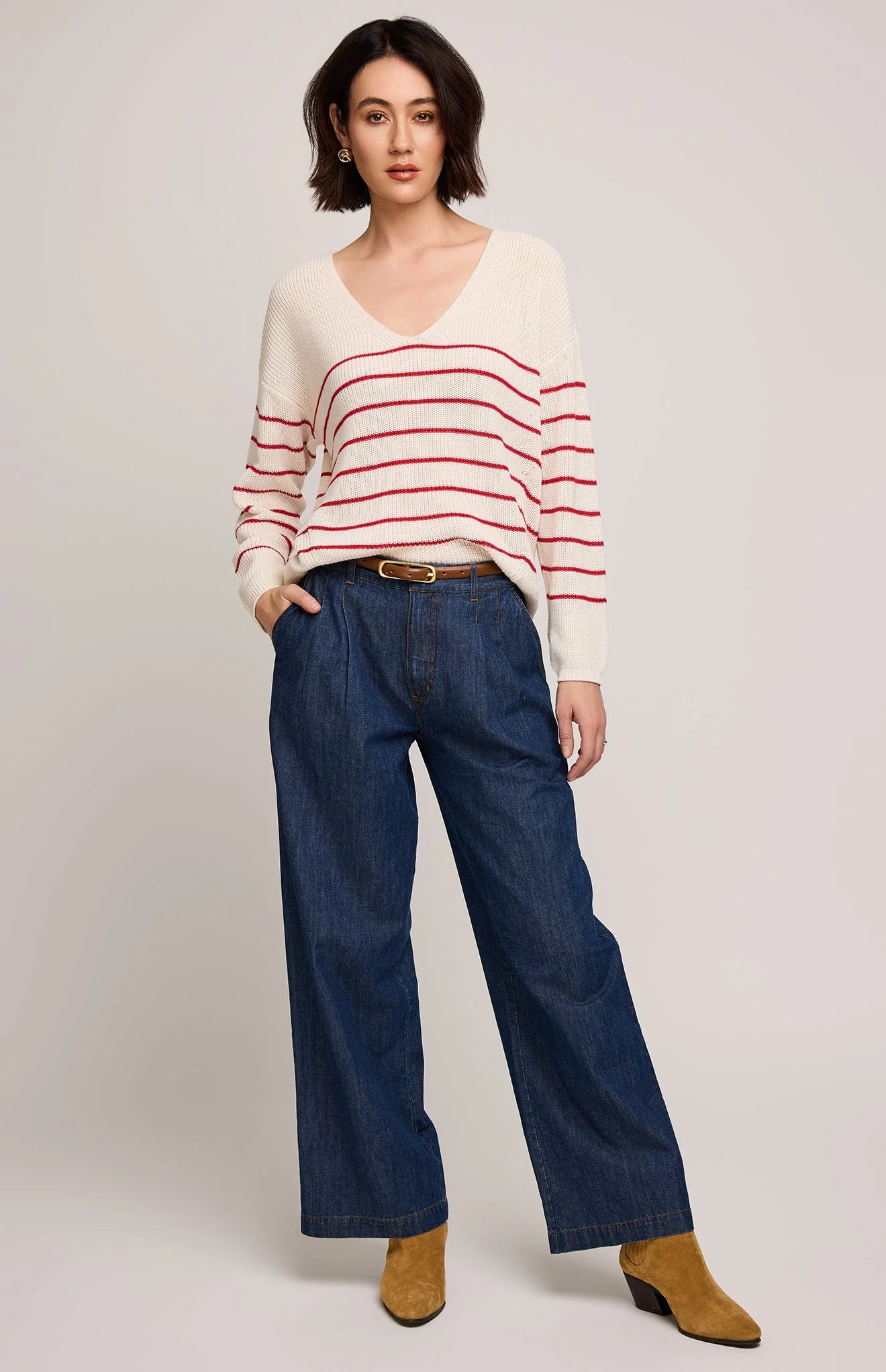 Tucker Knit Sweater- Red/Cream Stripe