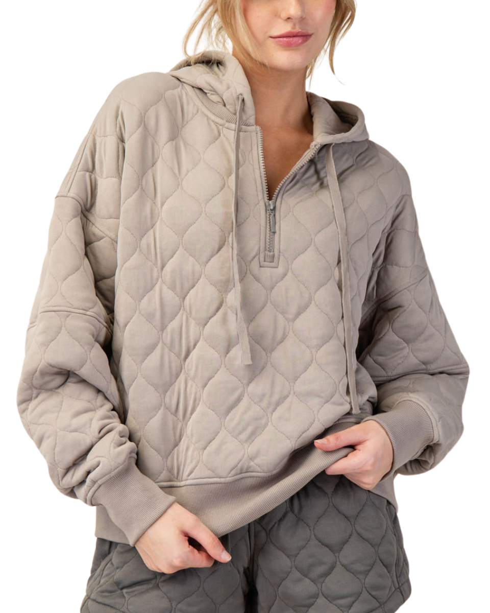 Quilted Hooded 1/4 Zip in Taupe