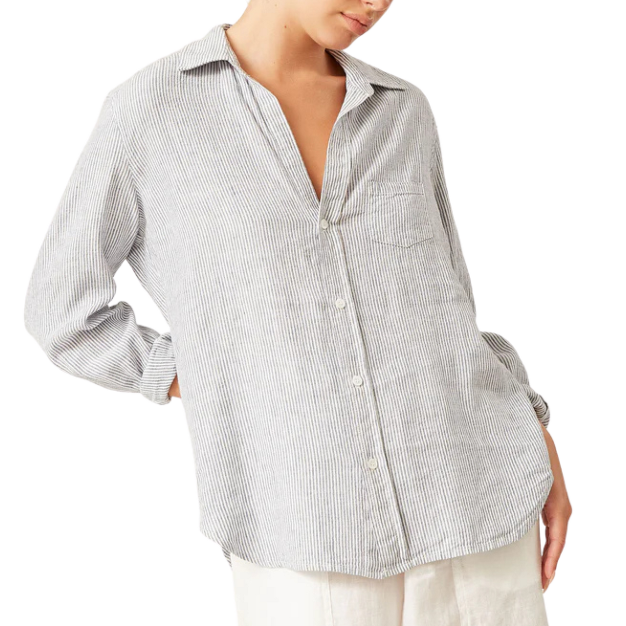 Emmy Linen Blouse - Ivory/Blue