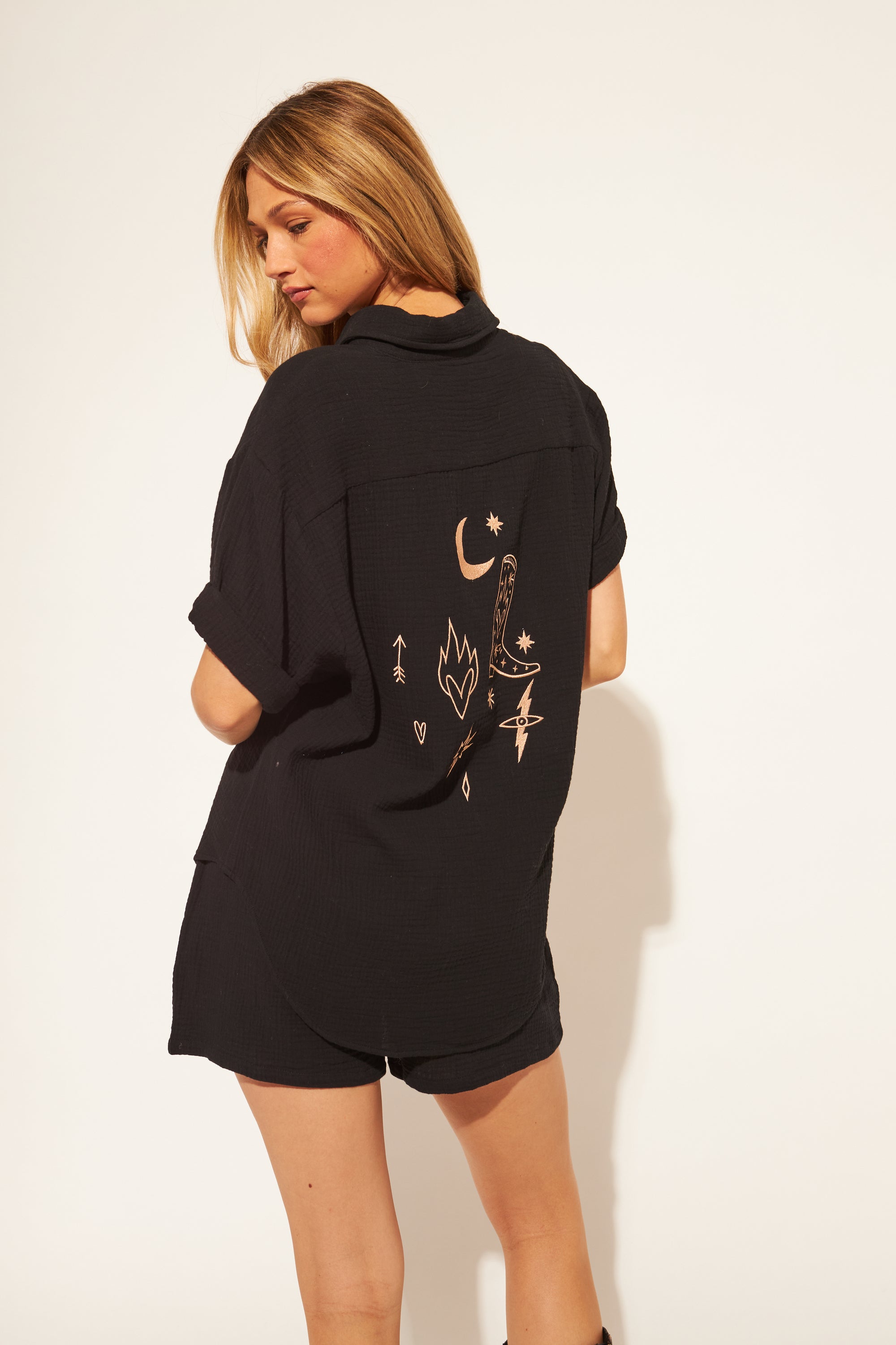 Wade Button Down Cotton Gauze Shirt - Midnight Rodeo