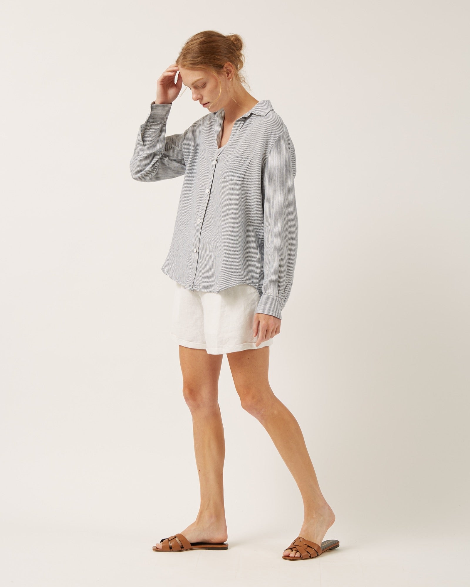 Emmy Linen Blouse - Ivory/Blue