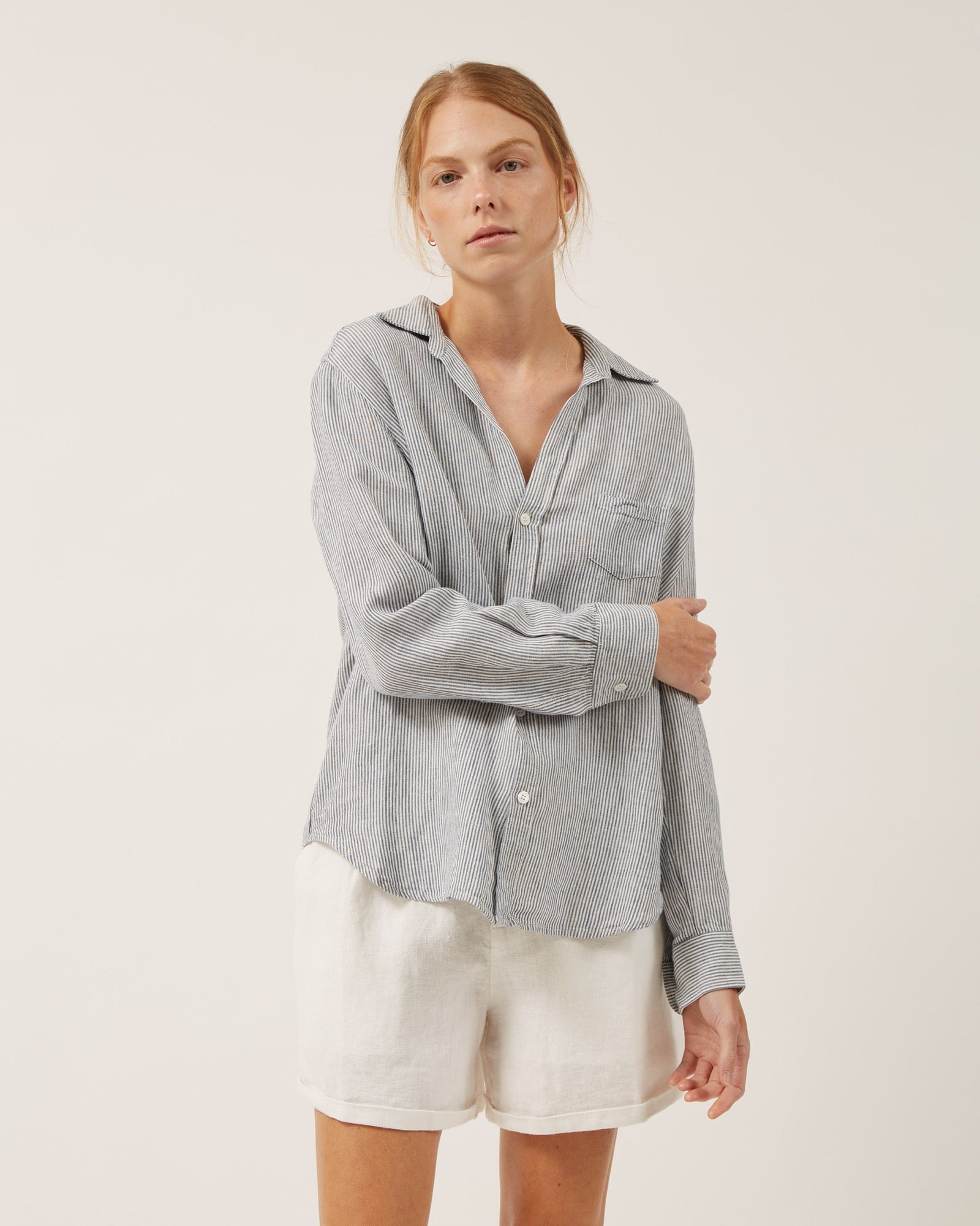 Emmy Linen Blouse - Ivory/Blue