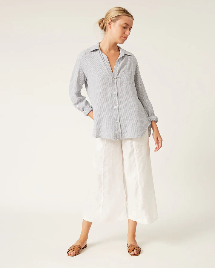 Emmy Linen Blouse - Ivory/Blue