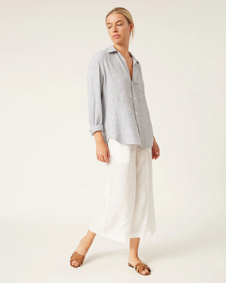 Emmy Linen Blouse - Ivory/Blue